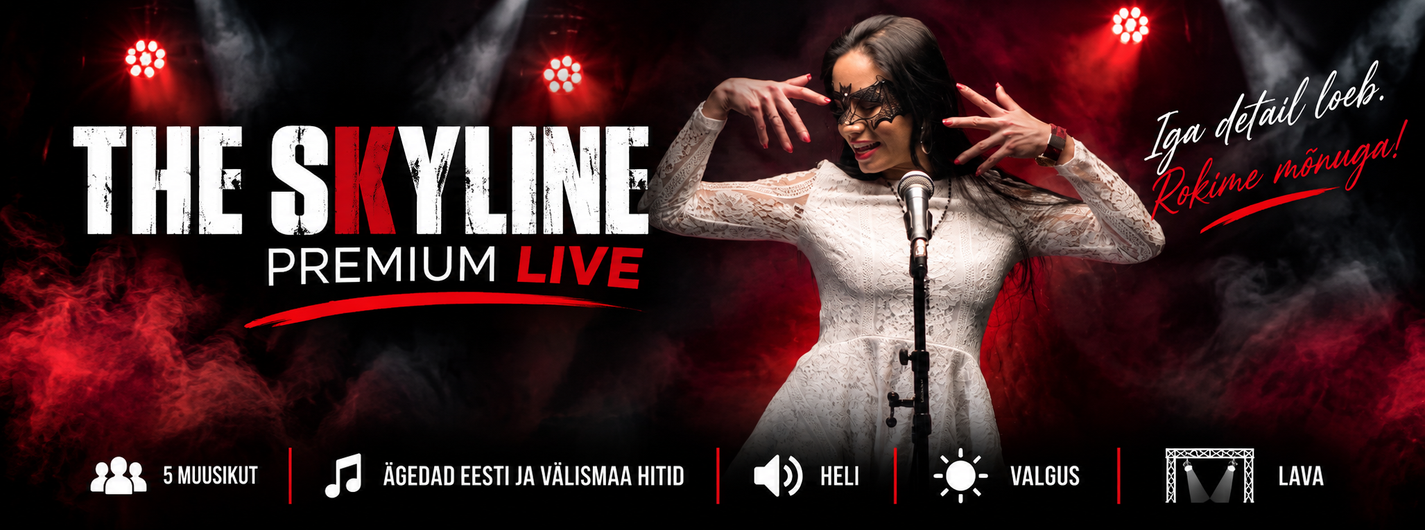 Sky 7 The Skyline live peobänd, naissolist laval mikrofoni ees punases lavavalguses